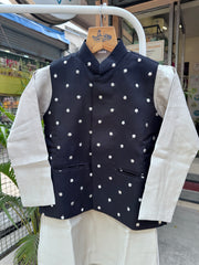 Boys Black Polka Embroidered Jacket With Beige Kurta Set – Cotton-Lined Classic Festive Wear (Age 5–7 Years)