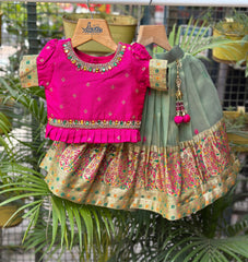 Pink & Olive Green Embroidered Lehenga Choli Set – Girls (1–4 Years)
