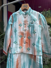 Boys Multi-Stripe Ikat Kurta Set with Mirror Embellished Nehru Jacket – Vibrant Festive Wear with Cotton Lining (Age 5 to 7 Years)
