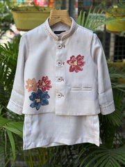 Bloom Burst Boys Kurta Pajama Set with Floral Embroidered Jacket | Beige Kids Ethnic Outfit for Weddings, Birthdays & Festivals (6M – 7Y)