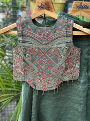 Regal Olive Green Embroidered Crop Top with Flared Skirt – Designer Indo-Western Set for Girls | Ages 4 to 18