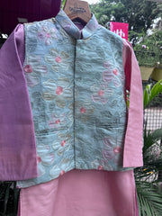 Boys Aqua Floral Nehru Jacket & Baby Pink Kurta Pajama Set | Premium Festive Ethnic Wear (5–7 Years) – With Soft Cotton Lining