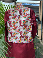 Boys Maroon Kurta Set with White Floral Embroidered Nehru Jacket – Stylish Festive & Party Wear (Age 5 to 7 Years)