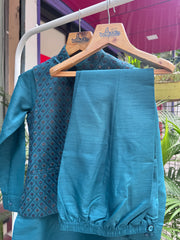 Boys Teal Blue Kurta Set with Brocade Nehru Jacket – Classic Festive & Wedding Wear with Cotton Lining (Age 1 to 7 Years)