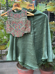 Regal Olive Green Embroidered Crop Top with Flared Skirt – Designer Indo-Western Set for Girls | Ages 4 to 18