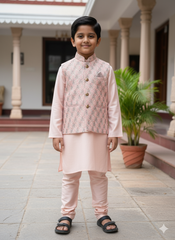 Boys Blush Pink Kurta Set with Subtle Textured Pastel Nehru Jacket – Elegant Festive Outfit with Cotton Lining (Age 5 to 7 Years)