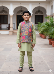 Boys Sage Green Kurta Set with Multicolor Floral Nehru Jacket – Festive & Wedding Ethnic Outfit (Age 5 to 7 Years)