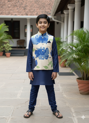 Boys Navy Blue Kurta Set with Ivory Blue Floral Nehru Jacket – Premium Festive Outfit with Cotton Lining (Age 5 to 7 Years)