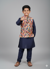Boys Navy Kurta Set with Multicolor Geometric Printed Nehru Jacket – Festive & Wedding Wear with Cotton Lining (Age 5 to 7 Years)