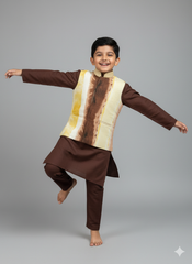 Boys Brown Kurta Set with Beige & Gold Ombre Nehru Jacket – Stylish Festive & Cultural Wear (Age 5 to 7 Ye