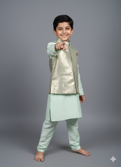Boys Mint Green Kurta Set with Gold Metallic Nehru Jacket – Modern Festive & Party Wear with Cotton Lining (Age 5 to 7 Years)