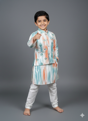 Boys Multi-Stripe Ikat Kurta Set with Mirror Embellished Nehru Jacket – Vibrant Festive Wear with Cotton Lining (Age 5 to 7 Years)