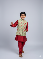 Boys Olive Floral Nehru Jacket with Maroon Kurta Pajama | Royal Festive & Wedding Outfit (5–7 Years) – With Cotton Lining