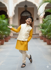 Boys Mustard Kurta With Cream Polka Embroidered Jacket – Cotton-Lined Festive Style Set (Age 5–7 Years)