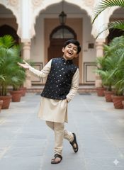 Boys Black Polka Embroidered Jacket With Beige Kurta Set – Cotton-Lined Classic Festive Wear (Age 5–7 Years)