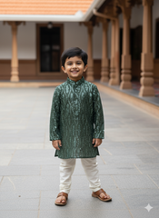 Boys Dark Green All-Over Sequin Kurta Set With Cotton Lining – Premium Party & Wedding Wear (1–7 Years)