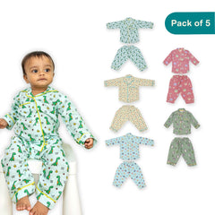 Bunny, Bear and Beyond (Pack of 5) - Muslin Full Sleeve Sleep Suit for babies and kids (Unisex)