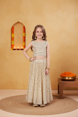 Whizzo Kids Elegant Ivory Gold Festive Lehenga Set for Girls – Embroidered Sleeveless Ethnic Wear with Soft Cotton Lining (Age 1 Year to 7 Years)