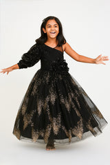 Black One-Shoulder Full-Length Party Gown with Puff Sleeve, 3D Rose Waist Detail & Golden Glitter Tulle – Elegant Dress for Girls Age 3 to 10 Years – Birthday, Wedding & Festive Wear