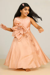 Peach Sleeveless Full-Length Party Gown with Oversized Flower Bow & 3D Butterfly Embroidery – Elegant Dress for Girls Age 3 to 10 Years – Birthday, Wedding & Festive Wear