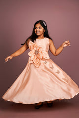 Peach Sleeveless Full-Length Party Gown with Oversized Flower Bow & 3D Butterfly Embroidery – Elegant Dress for Girls Age 3 to 10 Years – Birthday, Wedding & Festive Wear