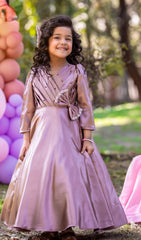 Shimmering Lilac Full-Length Party Gown with Pleated Bodice, Pearl Bow Detail & Long Sleeves – Elegant Dress for Girls Age 3 to 10 Years – Birthday, Wedding & Festive Wear