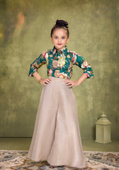 Floral Brocade Shirt with Beige Flared Palazzo for Girls – Indo-Western Festive Outfit | 4 to 18 Years
