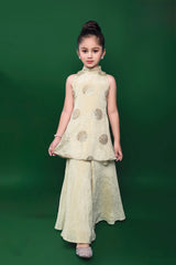 Cream Gold Crushed Silk Halter Top with Flared Gharara Pants – Elegant Festive Wear for Baby & Toddler Girls | 1 to 5 Years