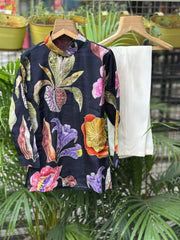 Midnight Garden Baby & Toddler Boys Floral Kurta with Beige Pants | Festive & Party Wear Set for 6 Months – 4 Years