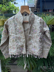 Girls Elegant Beige Palazzo Set with Embroidered Jacket & Bead Tassel Detailing – Festive, Wedding & Party Wear Outfit (Age 5 to 16 Years)