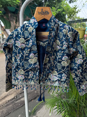 Girls Royal Blue Palazzo Set with Floral Embroidered Jacket & Bead Tassel Detailing – Stylish Festive & Party Wear Outfit (Age 5 to 16 Years)