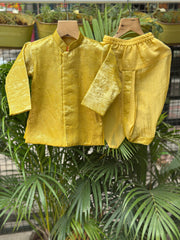 Boys Yellow Silk Metallic Tissue Kurta with Matching Dhoti – Premium Ethnic Wear for Baby Boys (Newborn – 2 Years)