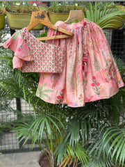 Peach Blossom Flamingo Print Modal Silk Lehenga with One-Shoulder Ruffle Blouse for Girls (Age 1–6 Years) – Ultra Soft & Lightweight