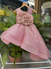 Pink Glitter High-Low Party Gown with Oversized 3D Rose Appliqué & Layered Skirt – Designer Sleeveless Dress for Girls Age 3 to 10 Years – Birthday, Wedding & Festive Wear