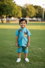 Whizzo Kids Aqua Floral Print Shirt & Shorts Co-Ord Set – Premium Cotton Summer Wear for Boys