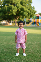 Whizzo Kids Pink Tropical Leaf Print Shirt & Shorts Co-Ord Set – Soft Cotton Summer Wear for Boys