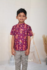 All over printed party wear shirt/Purple motif digital printed