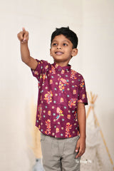 All over printed party wear shirt/Purple motif digital printed