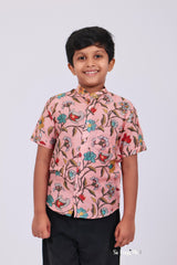 "Boys Printed Partywear Shirt in Soft Mul Mul Fabric - Charming Peach Color"
