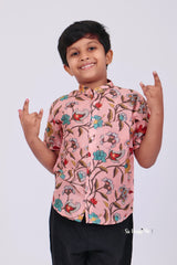 "Boys Printed Partywear Shirt in Soft Mul Mul Fabric - Charming Peach Color"