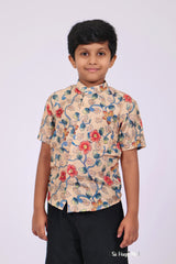 "Boys Printed Partywear Shirt in Soft Mul Mul Fabric - Sophisticated Beige for Every Celebration"
