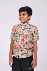 "Boys Printed Partywear Shirt in Soft Mul Mul Fabric - Sophisticated Beige for Every Celebration"