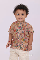 "Boys Printed Partywear Shirt in Soft Mul Mul Fabric - Stylish Sandal Color for Memorable Moments"