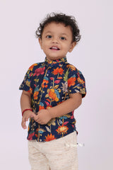 "Boys Printed Partywear Shirt in Soft Mul Mul Fabric - Classic Navy for Timeless Elegance"