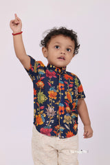"Boys Printed Partywear Shirt in Soft Mul Mul Fabric - Classic Navy for Timeless Elegance"