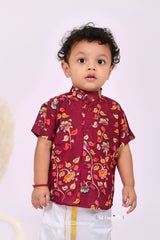 "Red Hand Block Printed Ajrakh Mul Cotton Fabric Boys Shirt - Traditional Craftsmanship with a Bold Touch"
