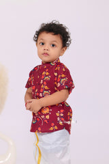 "Red Hand Block Printed Ajrakh Mul Cotton Fabric Boys Shirt - Traditional Craftsmanship with a Bold Touch"