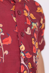 "Red Hand Block Printed Ajrakh Mul Cotton Fabric Boys Shirt - Traditional Craftsmanship with a Bold Touch"