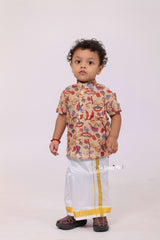 "Ivory Hand Block Printed Ajrakh Mul Cotton Fabric Boys Shirt - Elegant Craftsmanship for Special Occasions"