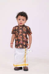 "Brown Hand Block Printed Ajrakh Mul Cotton Fabric Boys Shirt - Classic Design with Artisan Charm"